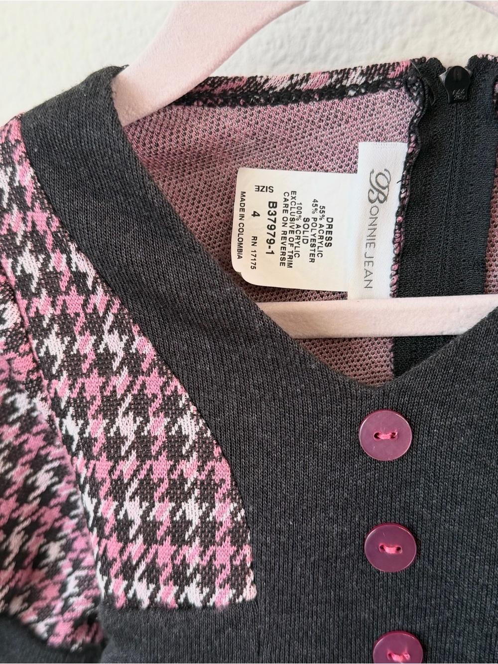 BONNIE JEAN Houndstooth Knit Dress Puff Sleeve Pink Grey School 4 - Picture 4 of 6